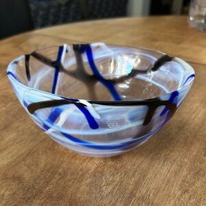 Kosta Boda Artistic Glass Bowl with Blue and Black Swirls